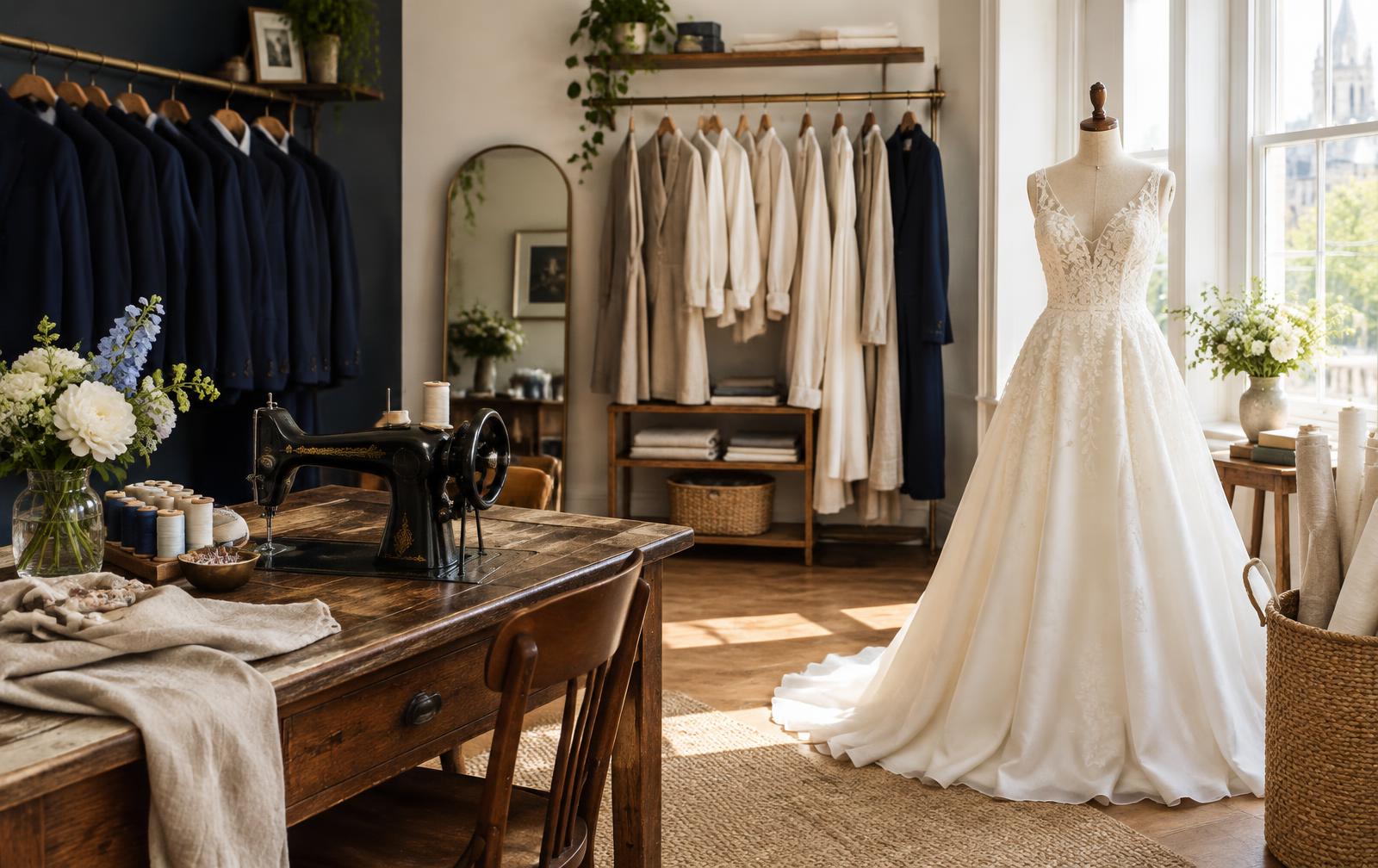 Norwood Alterations tailoring atelier on The Parade with hanging suits, a sewing table and a wedding gown